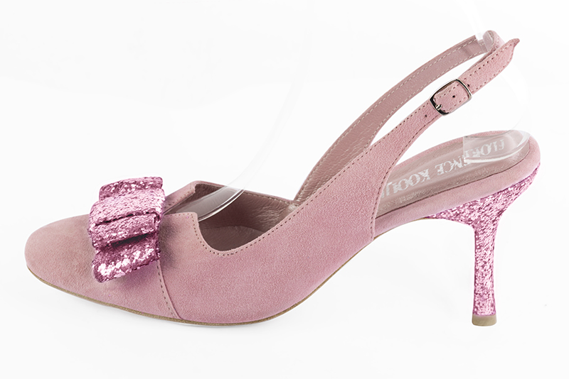 Carnation pink women's open back shoes, with a knot. Round toe. High slim heel. Profile view - Florence KOOIJMAN